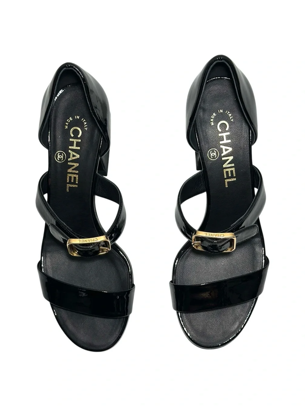 CHANEL Black Patent Goatskin 2022 22S Curved Block Heel Sandal size 36 Authentic
